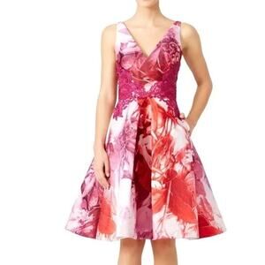 ML MONIQUE LHUILLIER Pink White Floral V-Neck Sleeveless Mini Dress Size 10